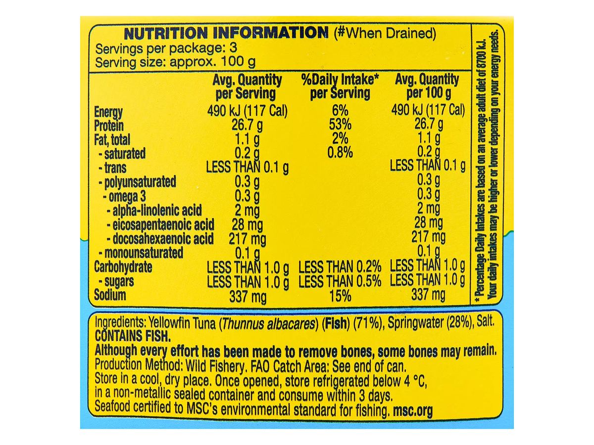 Pack photograph of OCEAN RISE Yellowfin Tuna in Springwater 425g showing the printed nutrition panel