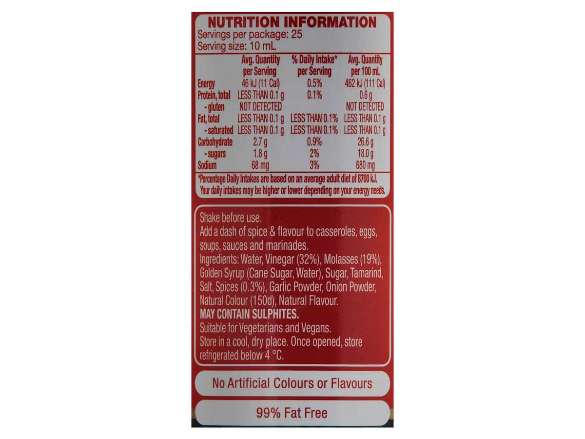 Pack photograph of COLWAY Worcestershire sauce 250 ml showing the printed nutrition panel