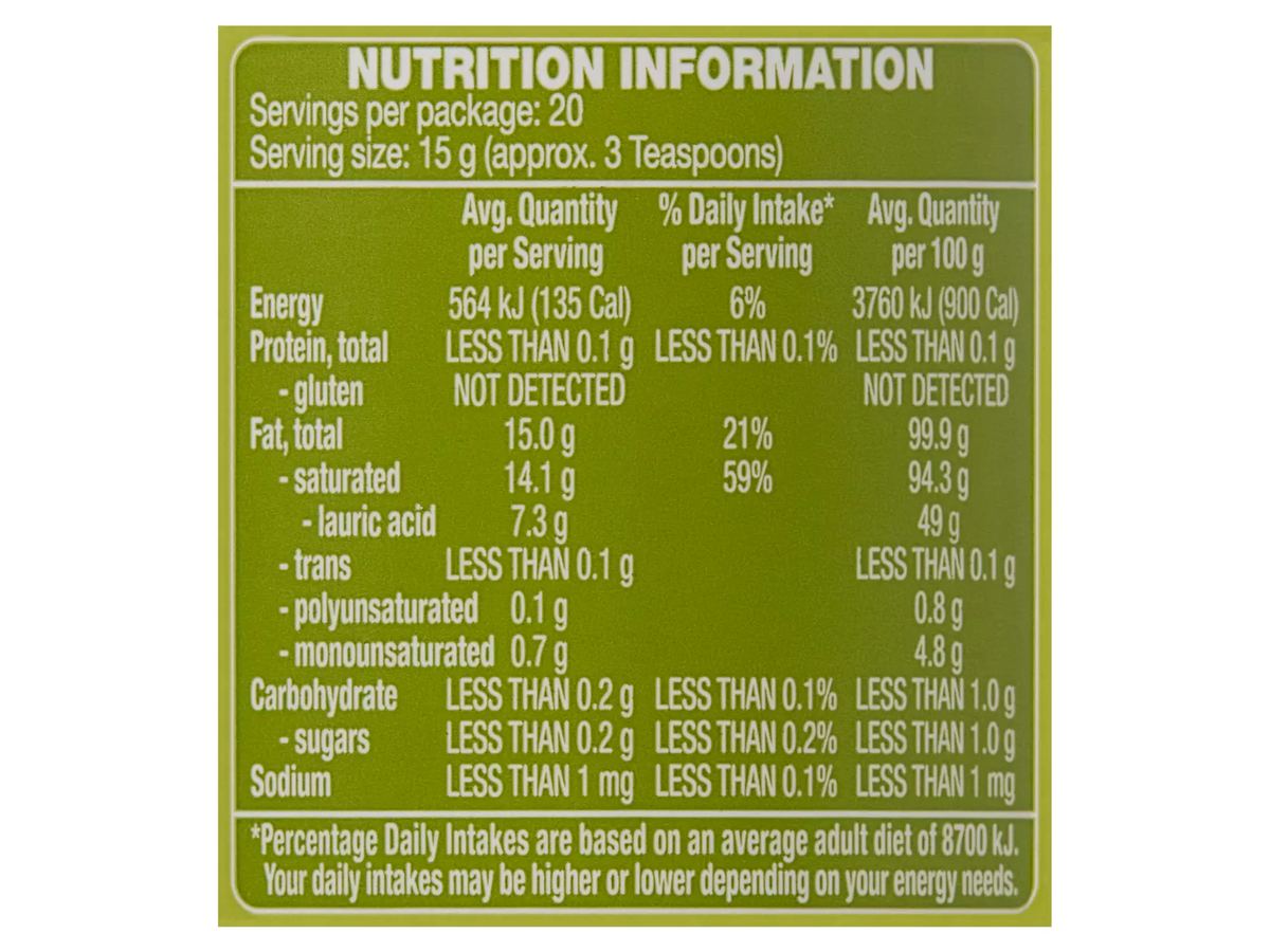 Pack photograph of OH SO NATURAL ORGANIC Organic Extra Virgin Coconut Oil 300g showing the printed nutrition panel
