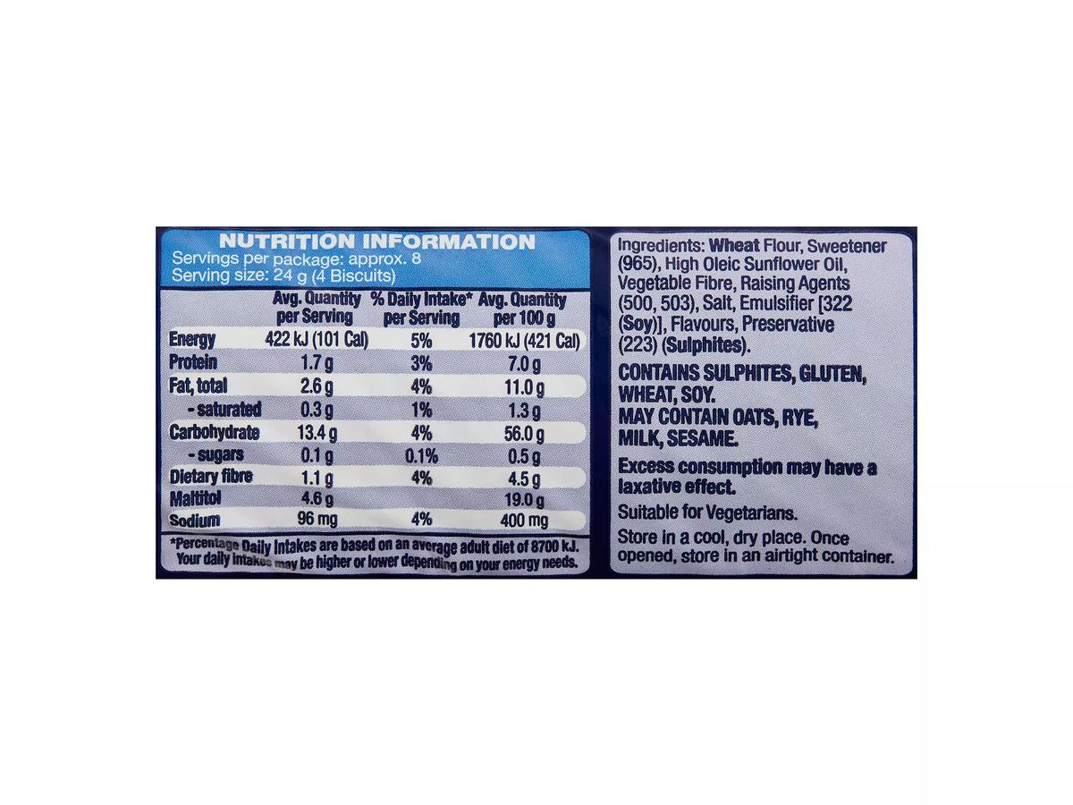 Pack photograph of BELMONT BISCUIT CO. Sugar Free Maria Biscuits 200g showing the printed nutrition panel