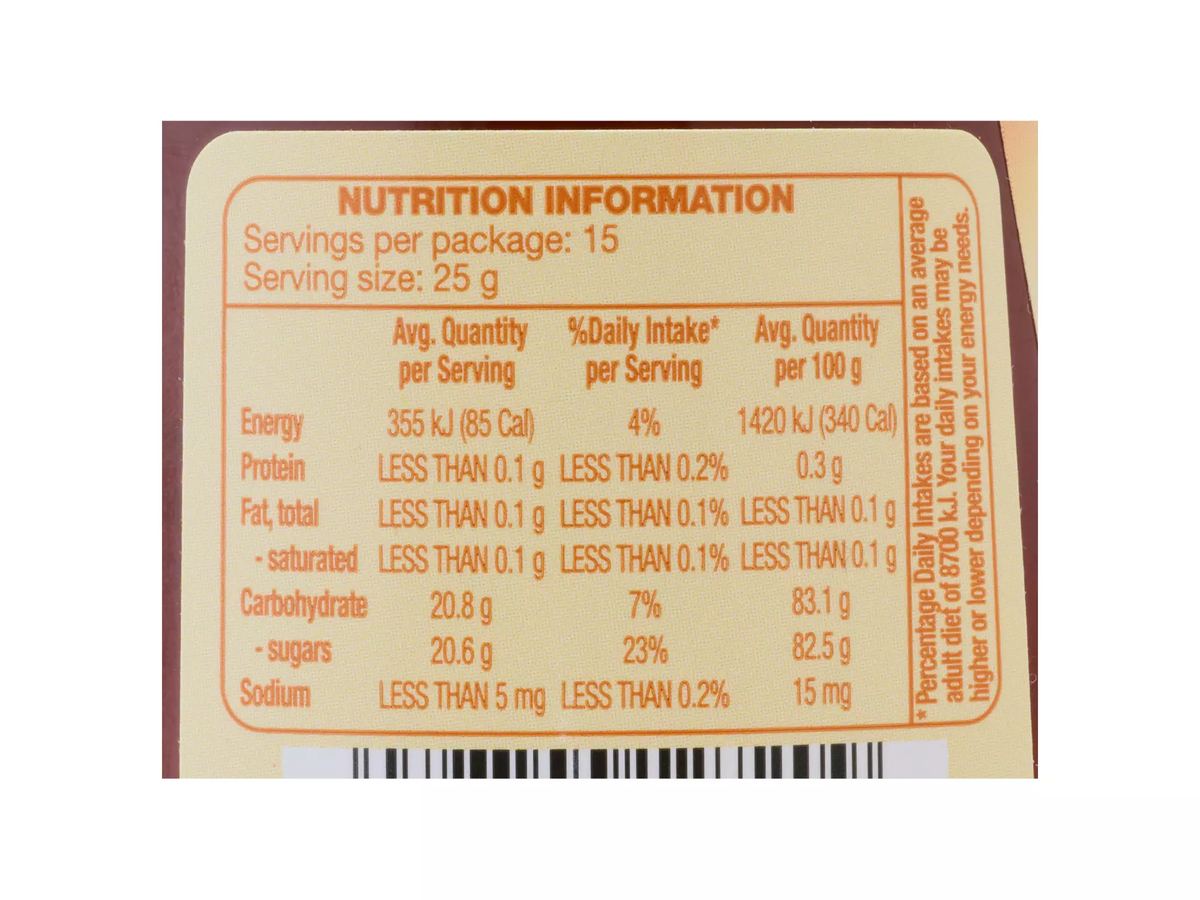 Pack photograph of BRAMWELLS Mixed Blossom Honey Twist & Squeeze 375g showing the printed nutrition panel