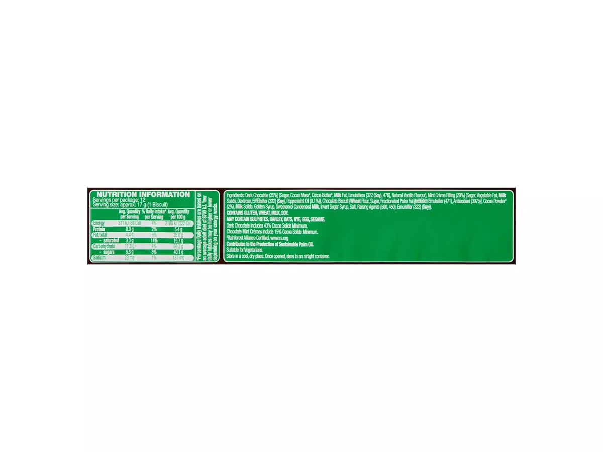 Pack photograph of BELMONT BISCUIT CO. Chocolate Mint Cremes Biscuits 200g showing the printed nutrition panel