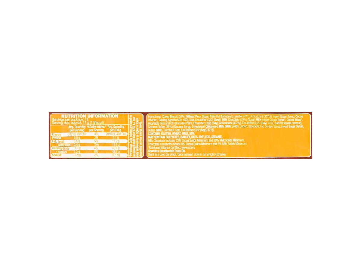 Pack photograph of BELMONT BISCUIT CO. Milk Chocolate Caramelts Biscuits 200g showing the printed nutrition panel