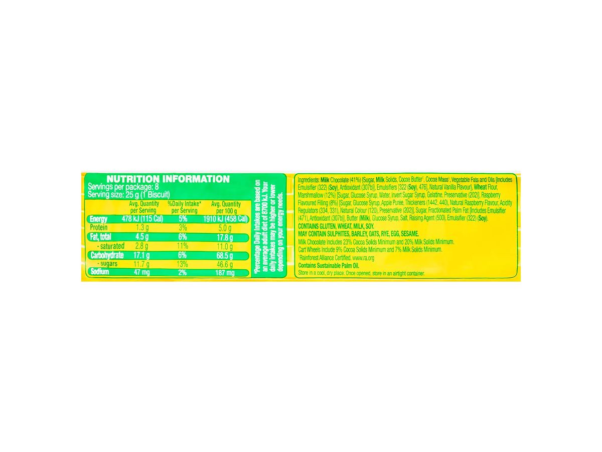 Pack photograph of BELMONT BISCUIT CO. Cart Wheels Biscuits 200g showing the printed nutrition panel