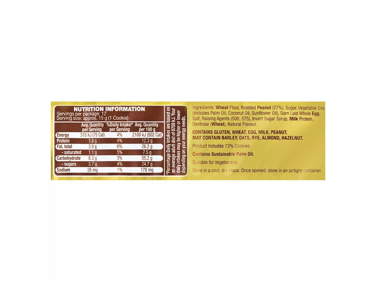 Pack photograph of BELMONT BISCUIT CO. Peanut Cookies 175g showing the printed nutrition panel