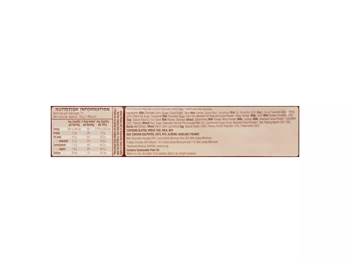 Pack photograph of BELMONT BISCUIT CO. Just Divine Biscuits 200g showing the printed nutrition panel