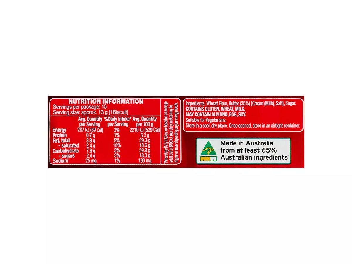 Pack photograph of BELMONT BISCUIT CO. Shortbread Fingers 200g showing the printed nutrition panel