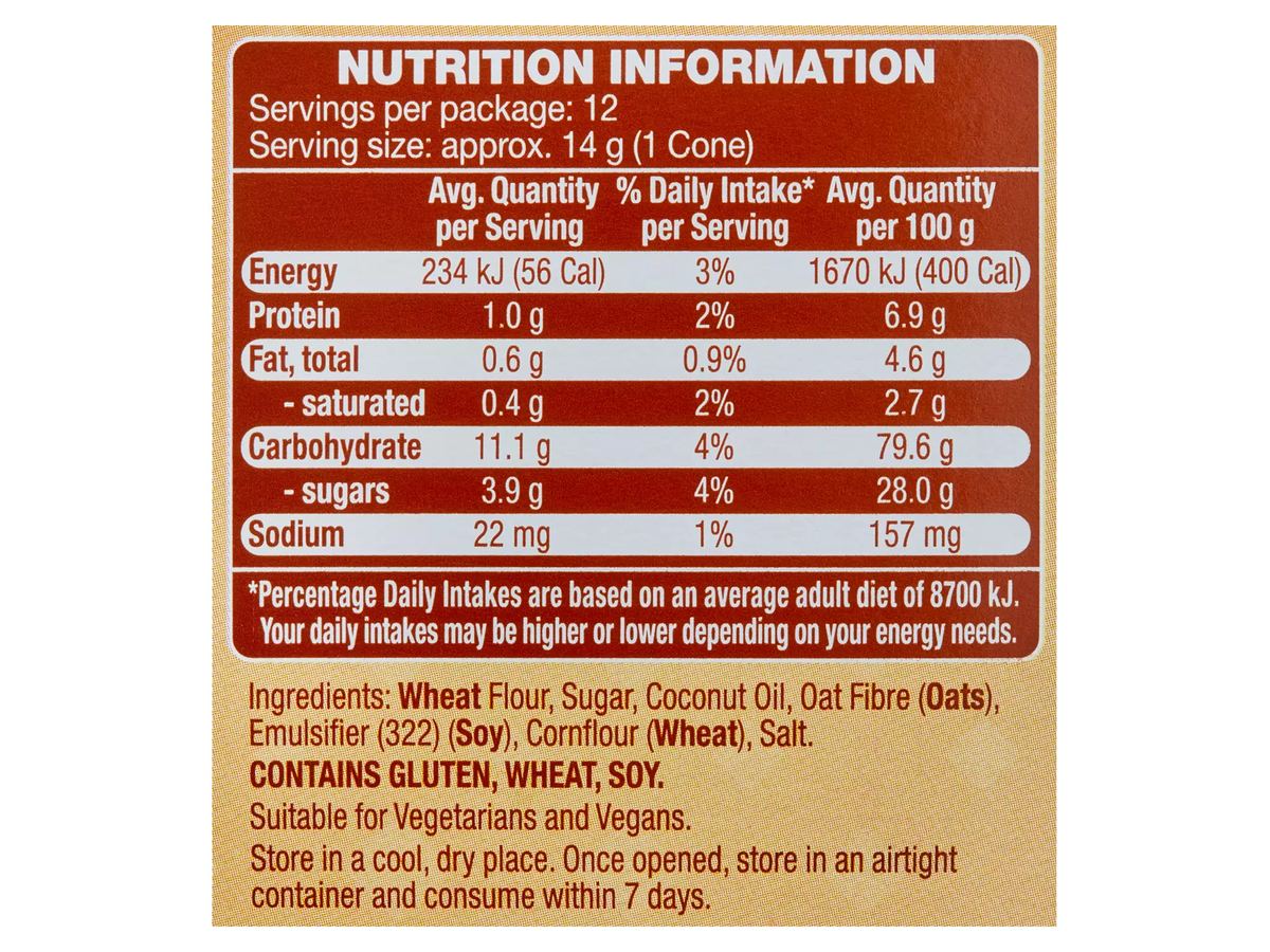 Pack photograph of BROOKDALE Waffle Cones 12 Pack 170g showing the printed nutrition panel