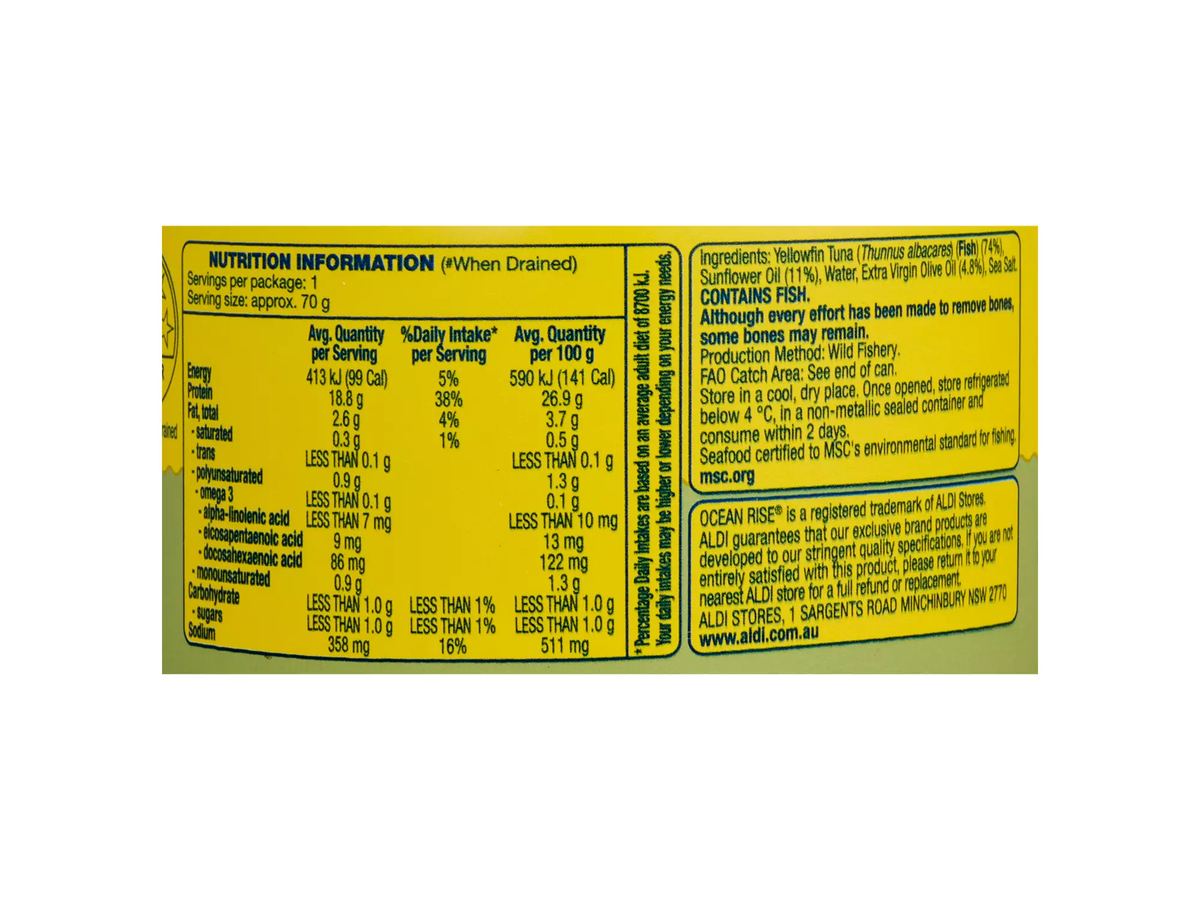 Pack photograph of OCEAN RISE Yellowfin Tuna Italian Style in Oil 95g showing the printed nutrition panel