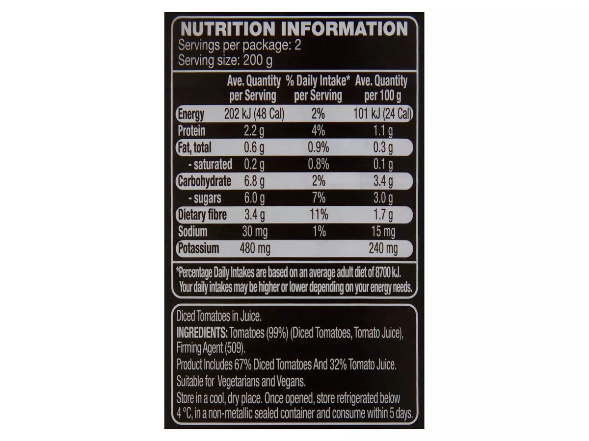 Pack photograph of REMANO Australian Diced Tomatoes 400g showing the printed nutrition panel