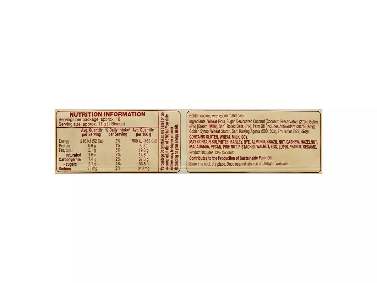 Pack photograph of BELMONT BISCUIT CO. Butternut Snap Cookies 200g showing the printed nutrition panel