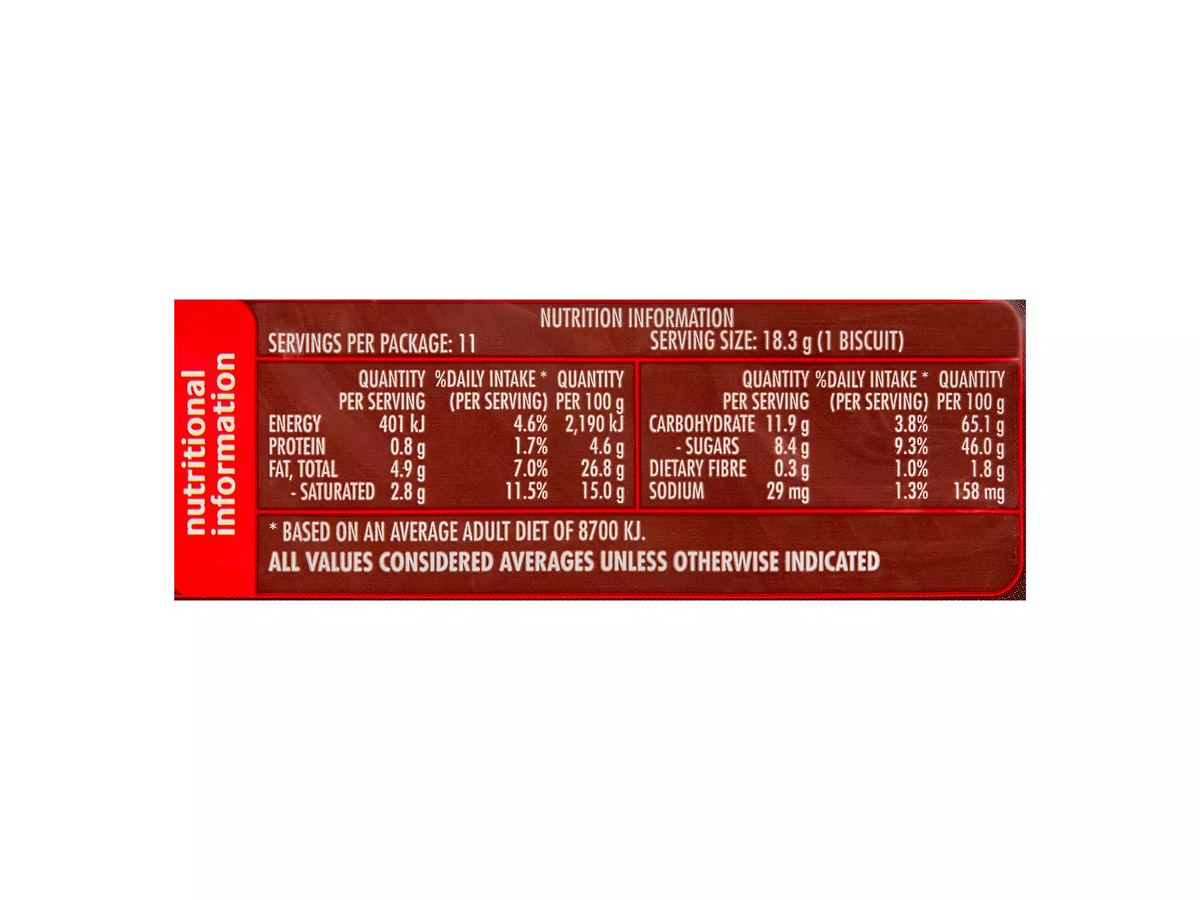 Pack photograph of ARNOTT'S Tim Tam Original Chocolate Biscuits 200g showing the printed nutrition panel