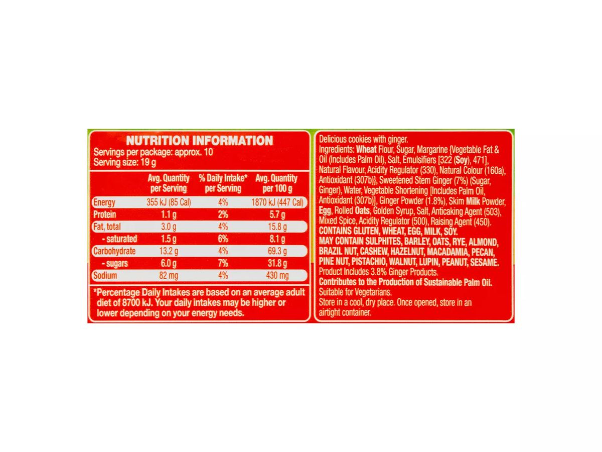 Pack photograph of BELMONT BISCUIT CO. Stem Ginger Cookies 200g showing the printed nutrition panel