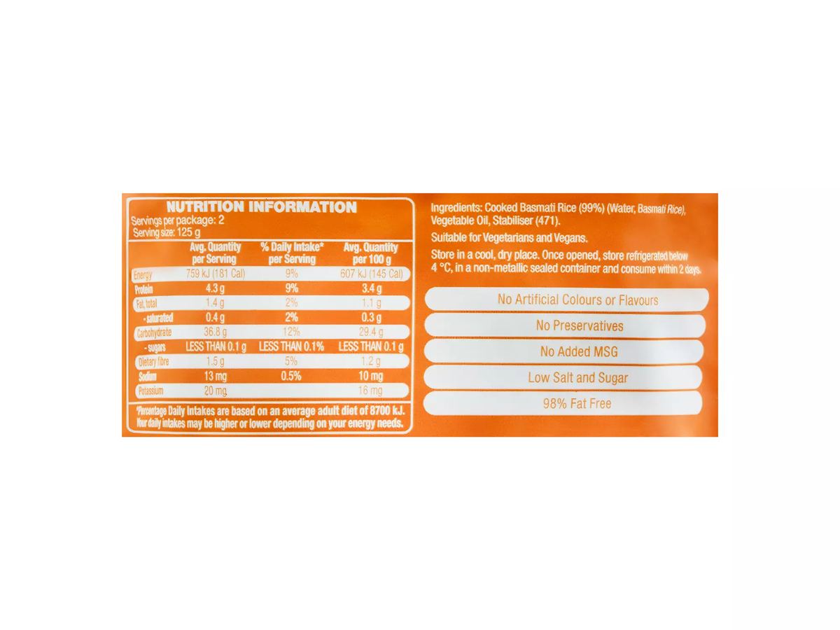 Pack photograph of IMPERIAL GRAIN Microwave Rice Pouch Basmati 250g showing the printed nutrition panel