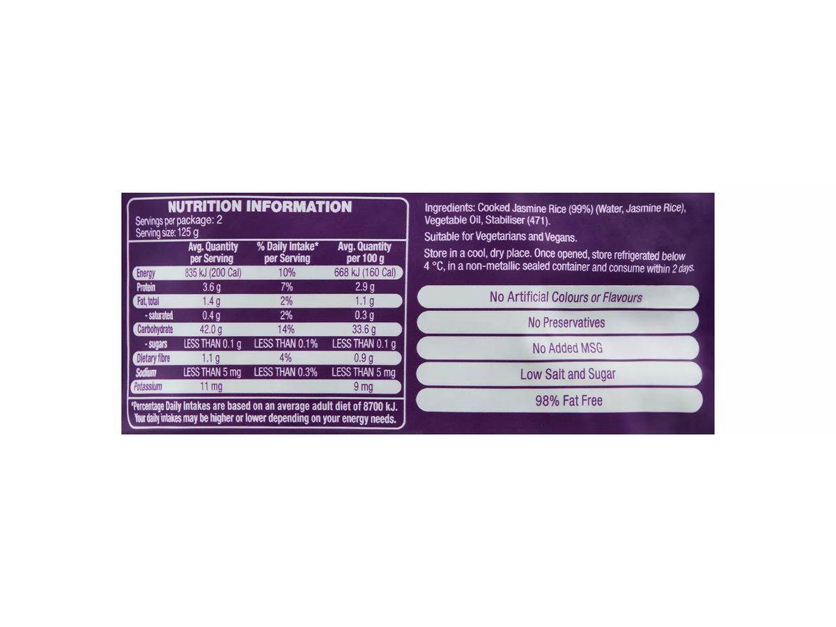 Pack photograph of IMPERIAL GRAIN Microwave Rice Pouch Jasmine 250g showing the printed nutrition panel