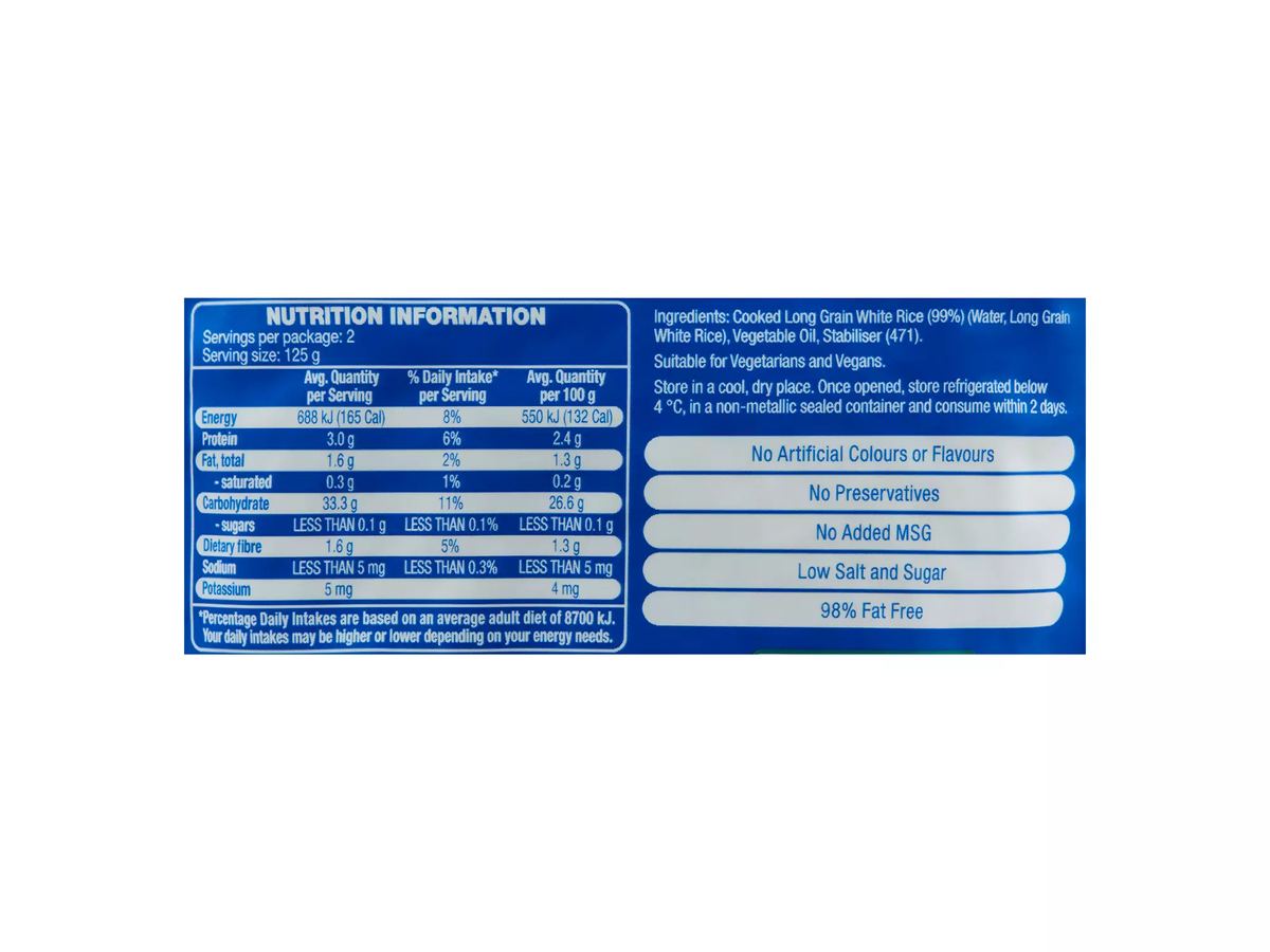 Pack photograph of IMPERIAL GRAIN Microwave Rice Pouch Long Grain White 250g showing the printed nutrition panel