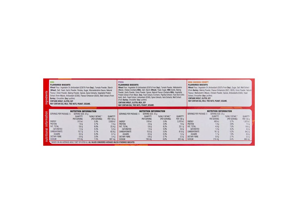 Pack photograph of ARNOTT'S Shapes Multipack Cracker Biscuits Variety 15 pack showing the printed nutrition panel