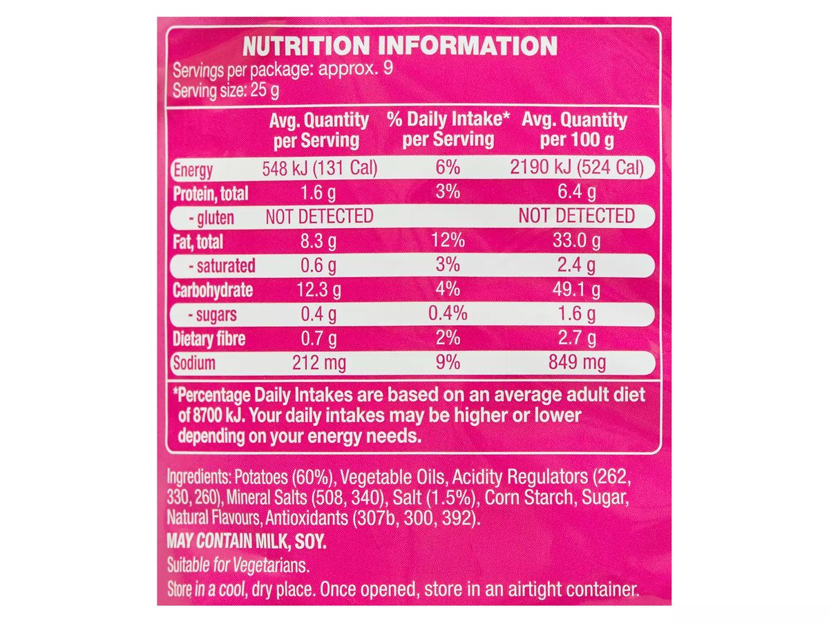 Pack photograph of SPRINTERS Crinkle Cut Potato Chips Salt & Vinegar 230g showing the printed nutrition panel