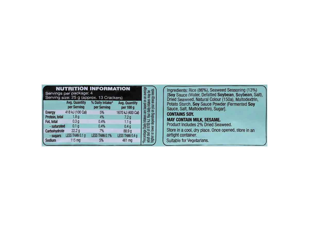 Pack photograph of DAMORA Rice Crackers Seaweed 100g showing the printed nutrition panel