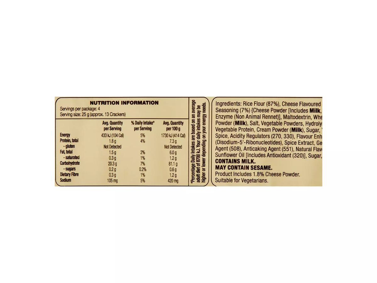 Pack photograph of DAMORA Rice Crackers Cheese 100g showing the printed nutrition panel