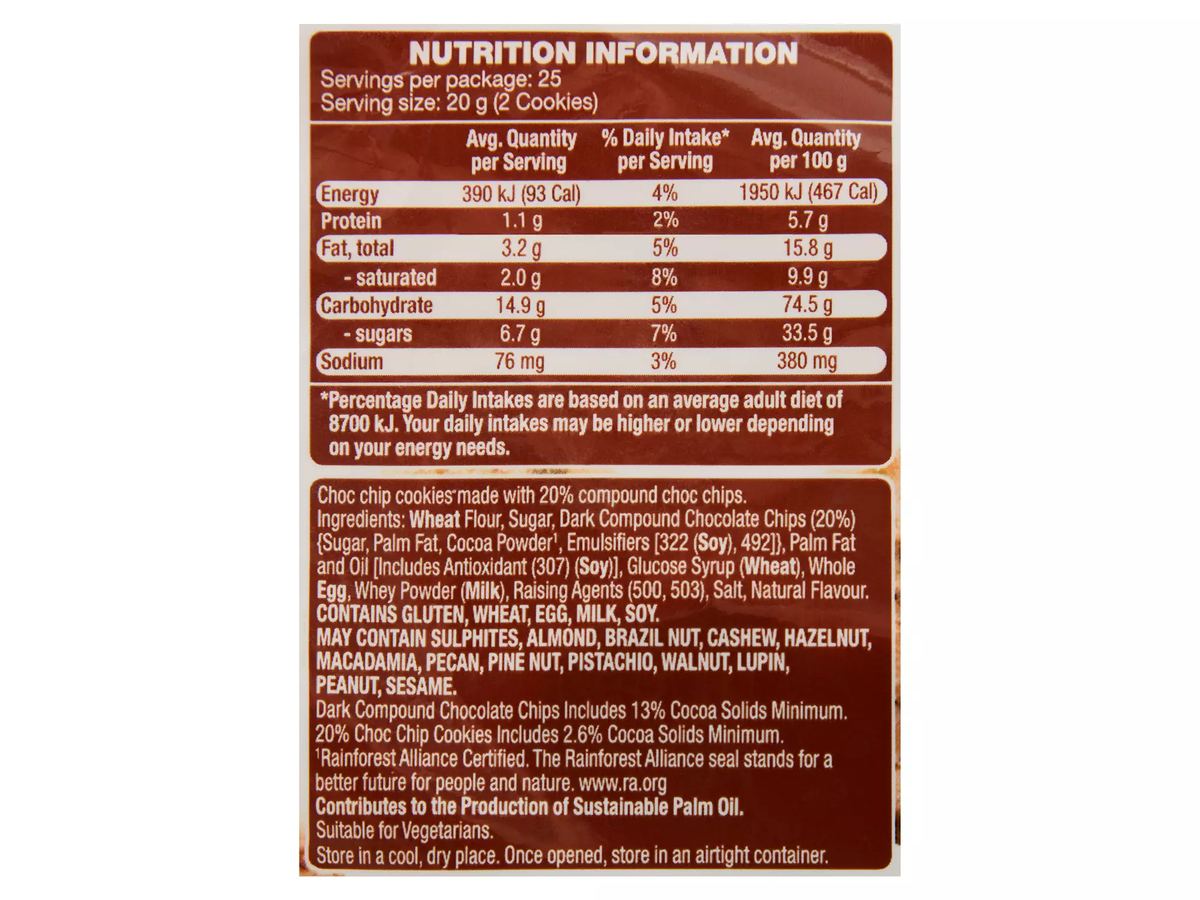 Pack photograph of BELMONT BISCUIT CO. Choc Chip Cookies 500g showing the printed nutrition panel