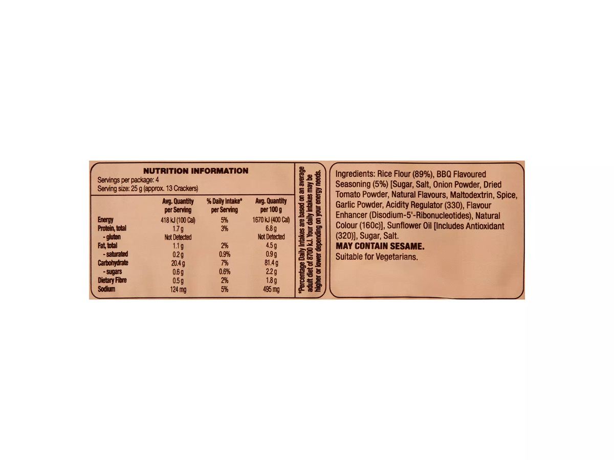 Pack photograph of DAMORA Rice Crackers BBQ 100g showing the printed nutrition panel