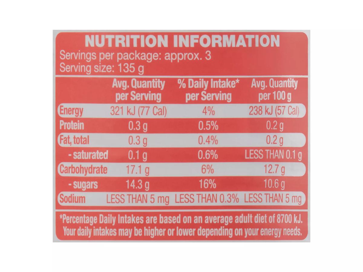 Pack photograph of SWEET VALLEY Australian Apple Slices in Juice 410g showing the printed nutrition panel