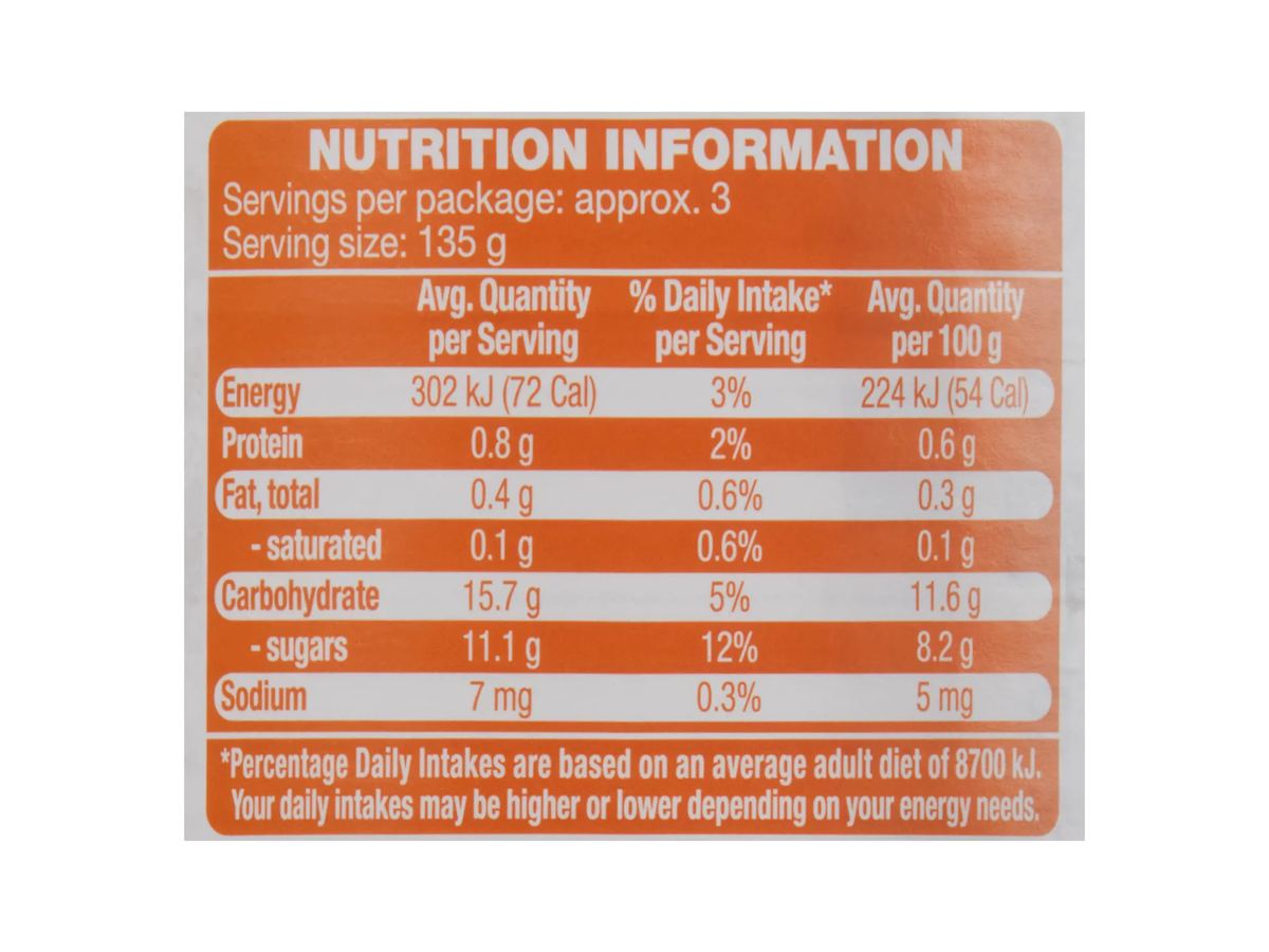 Pack photograph of SWEET VALLEY Australian Apricot Halves in Juice 410g showing the printed nutrition panel