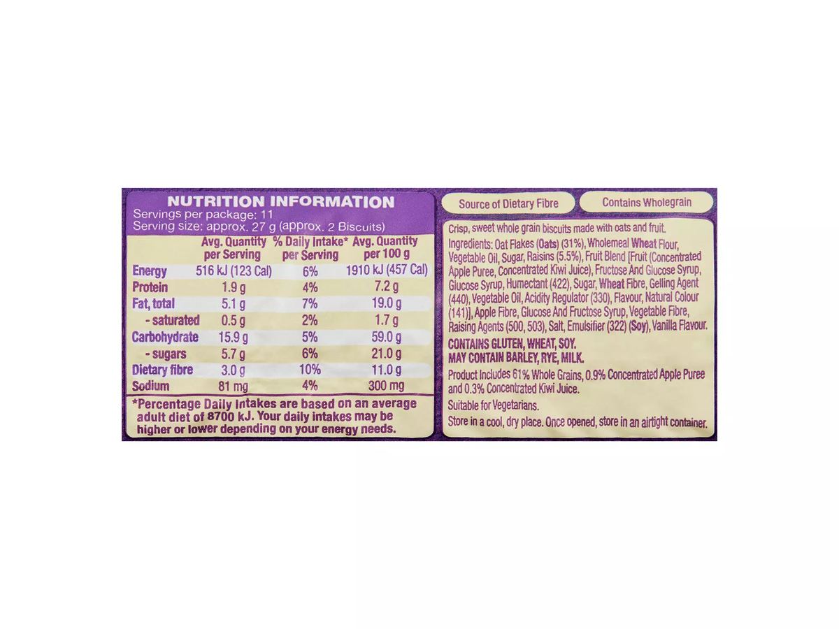 Pack photograph of BELMONT BISCUIT CO. Fruit & Fibre Oat Biscuits 300g showing the printed nutrition panel