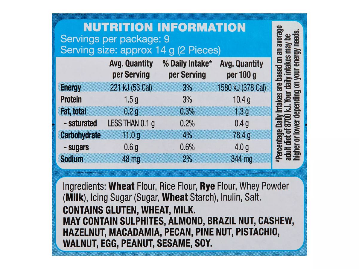 Pack photograph of DAMORA Crispetts Crispbread 125g showing the printed nutrition panel