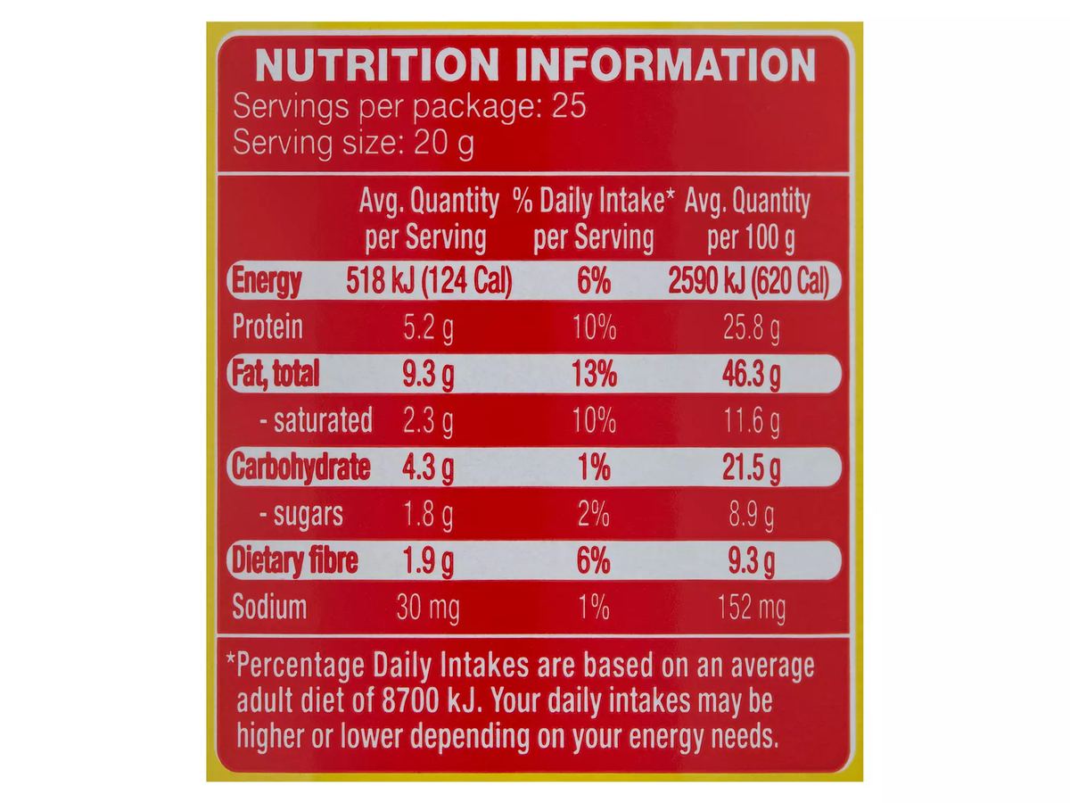 Pack photograph of BRAMWELLS Crunchy Peanut Butter 500g showing the printed nutrition panel