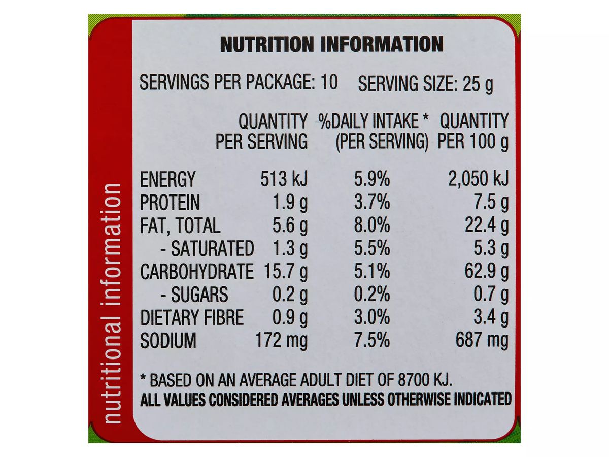 Pack photograph of ARNOTT'S Shapes BBQ Cracker Biscuits 250g showing the printed nutrition panel
