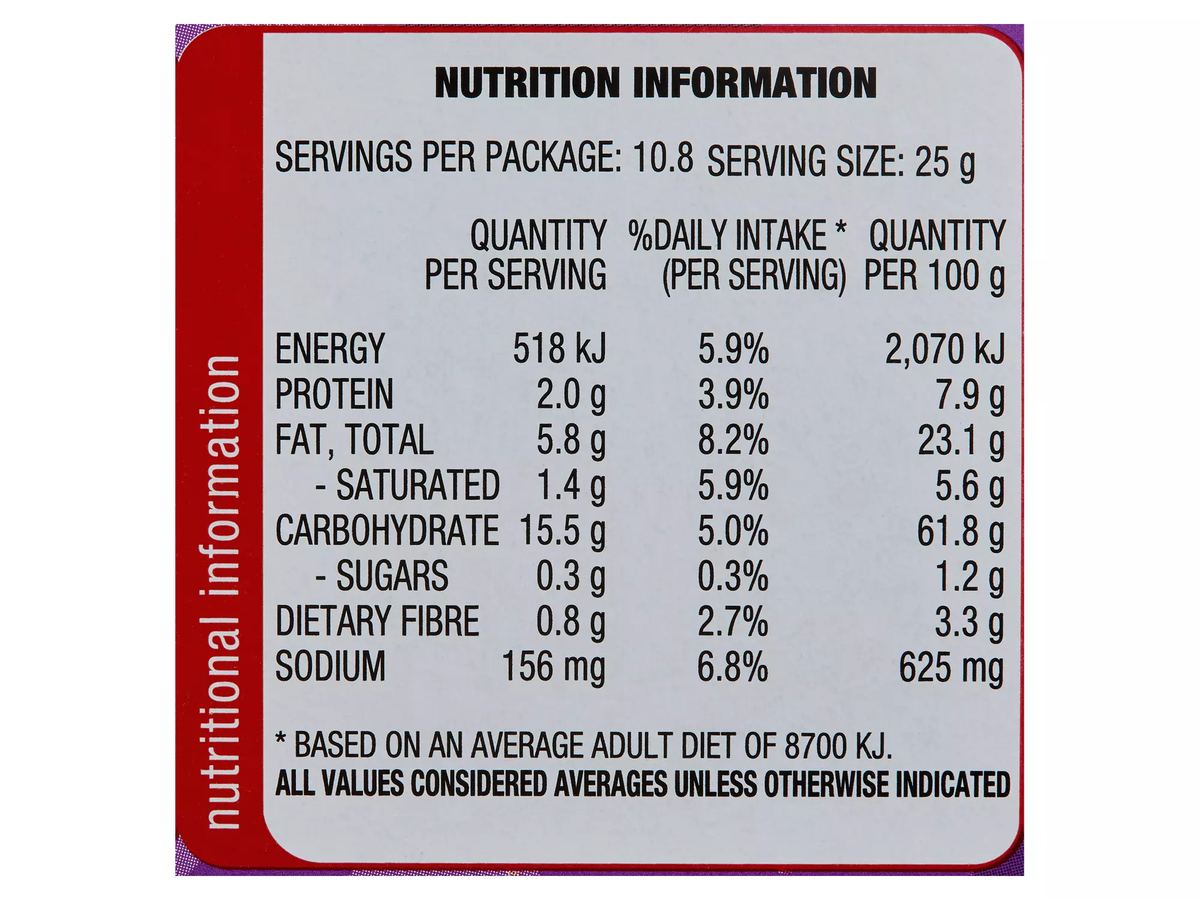 Pack photograph of ARNOTT'S Shapes Pizza Cracker Biscuits 250g showing the printed nutrition panel