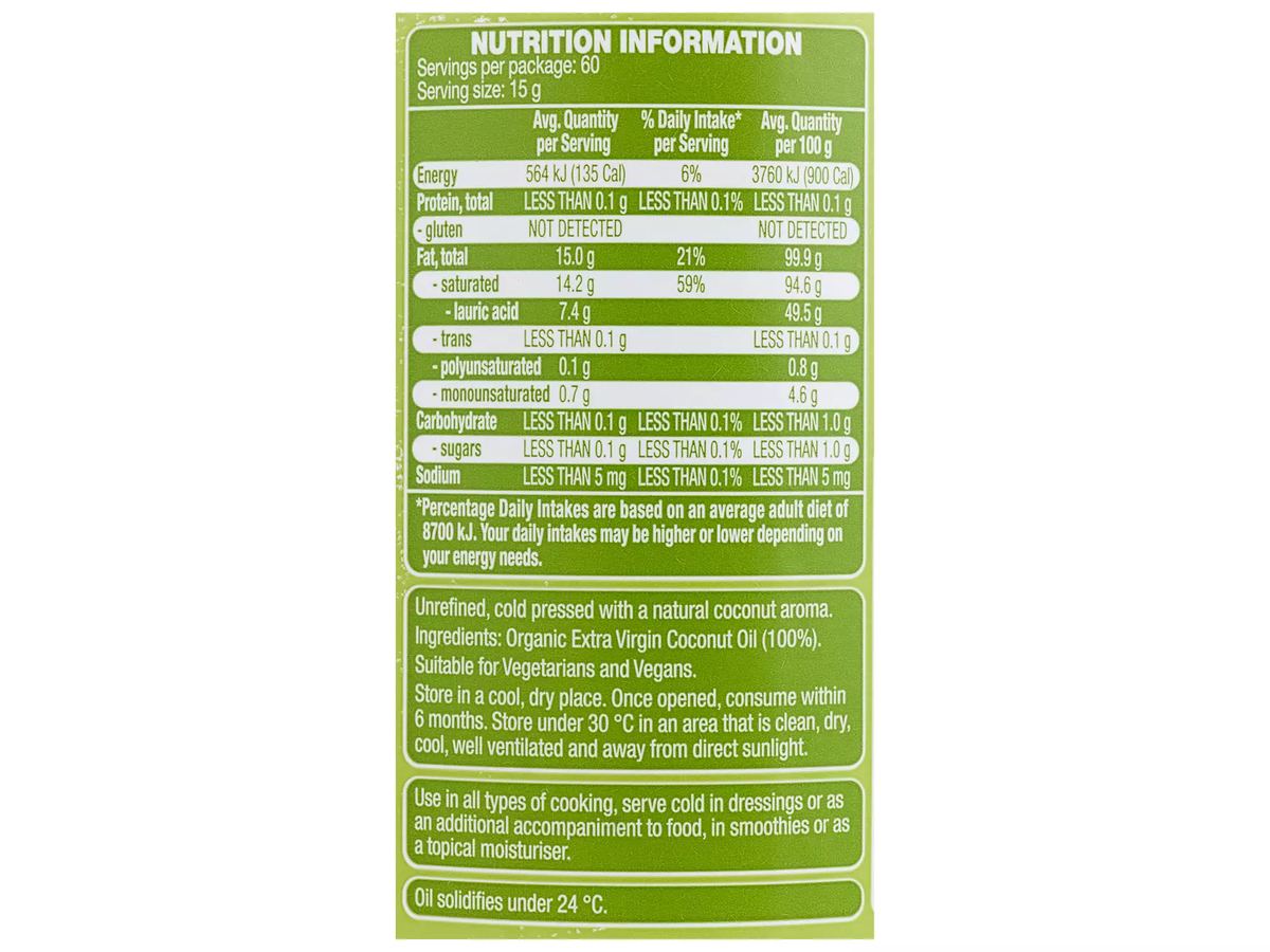 Pack photograph of OH SO NATURAL ORGANIC Extra Virgin Coconut Oil 900g showing the printed nutrition panel