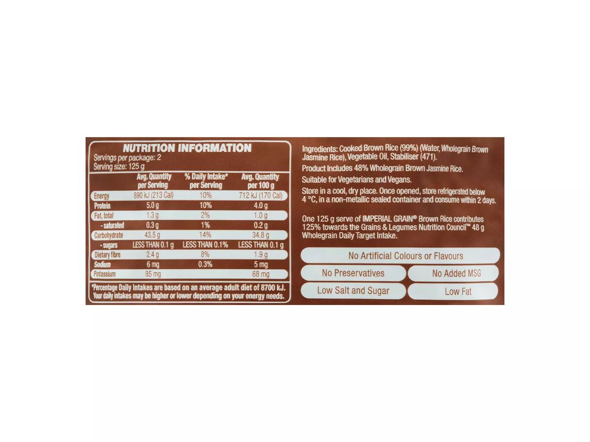 Pack photograph of IMPERIAL GRAIN Brown Rice Microwave Pouch 250g showing the printed nutrition panel