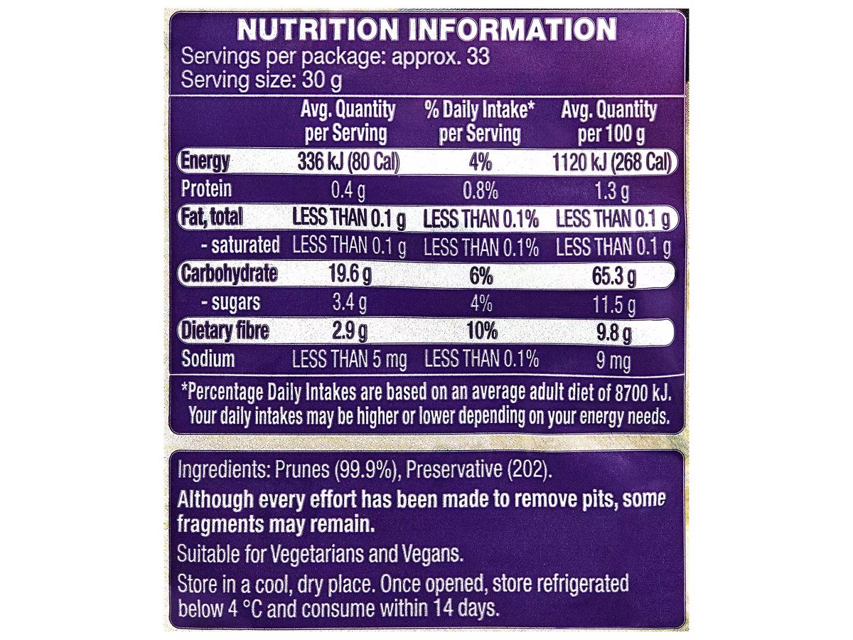 Pack photograph of SWEET VINE Pitted Prunes 1kg showing the printed nutrition panel