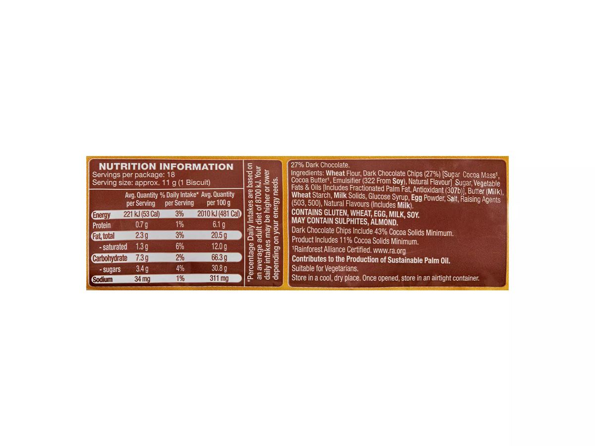 Pack photograph of BELMONT BISCUIT CO. Chocolate Chip Cookies 200g showing the printed nutrition panel