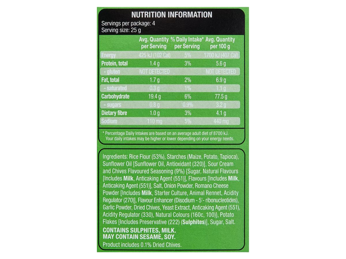 Pack photograph of DAMORA Crinkle Cut Rice Crackers Sour Cream & Chives 100g showing the printed nutrition panel