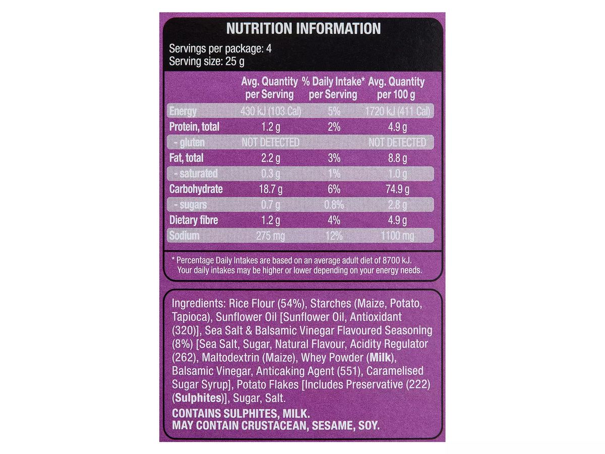 Pack photograph of DAMORA Crinkle Cut Rice Crackers Sea Salt & Balsamic Vinegar 100g showing the printed nutrition panel