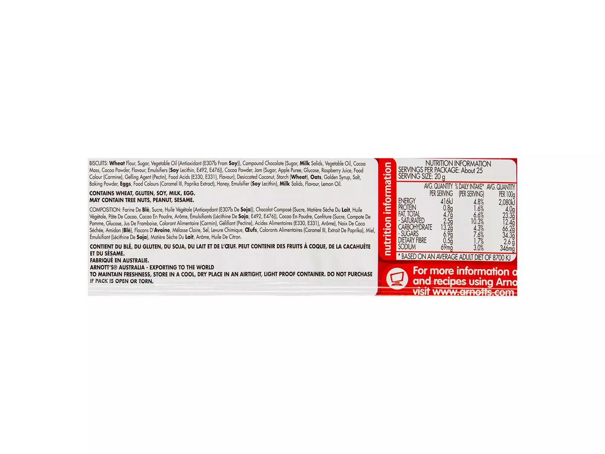 Pack photograph of ARNOTT'S Variety Creams Assorted Biscuits 500g showing the printed nutrition panel