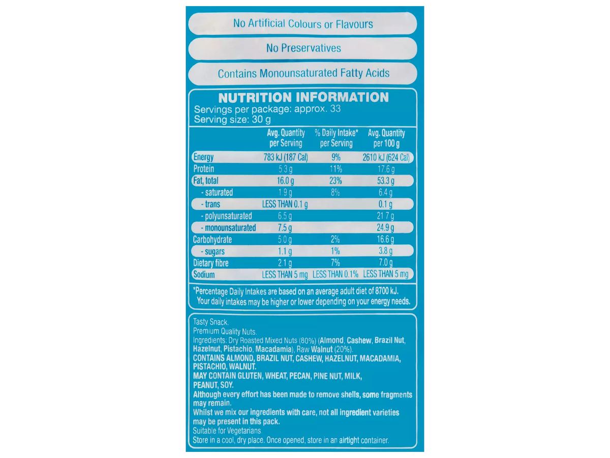 Pack photograph of FORRESTERS Dry Roasted Mixed Nuts 1kg showing the printed nutrition panel