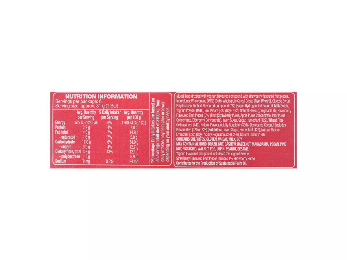 Pack photograph of HILLCREST Muesli Bars 6 Pack 185g showing the printed nutrition panel