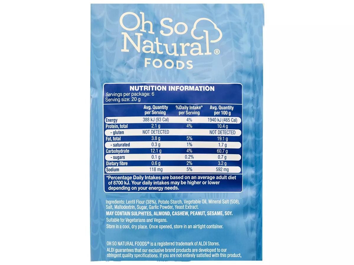 Pack photograph of OH SO NATURAL FOODS Salted Lentil Chips 120g showing the printed nutrition panel