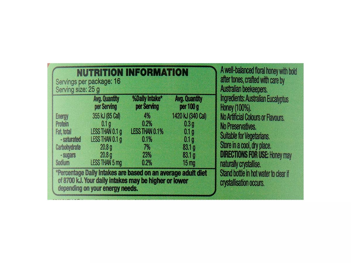 Pack photograph of BRAMWELLS Eucalyptus Honey 400g showing the printed nutrition panel