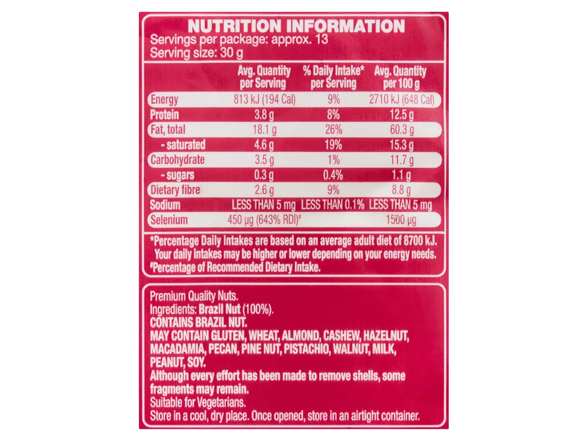 Pack photograph of FORRESTERS Brazil Nuts 400g showing the printed nutrition panel