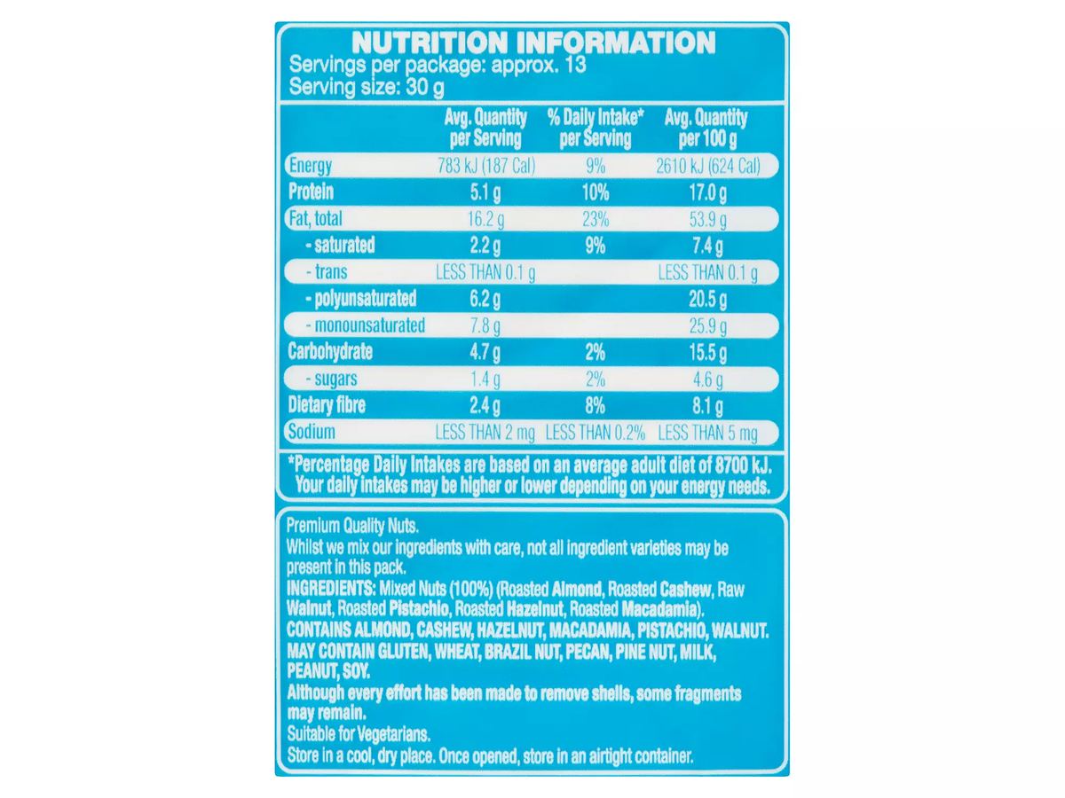 Pack photograph of FORRESTERS Dry Roasted Mixed Nuts 400g showing the printed nutrition panel