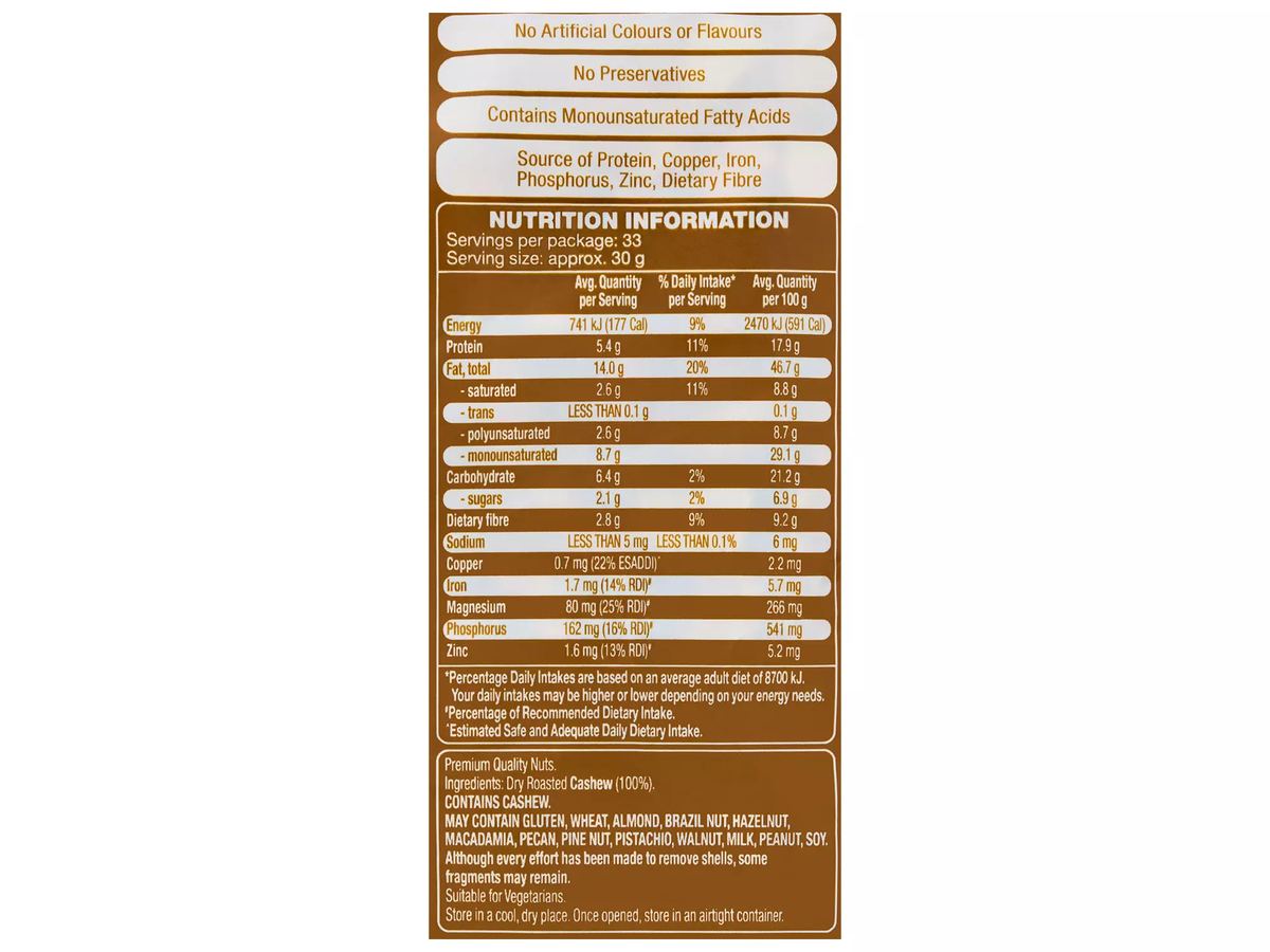 Pack photograph of FORRESTERS Dry Roasted Cashews 1kg showing the printed nutrition panel