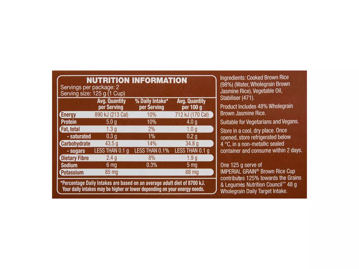 Pack photograph of IMPERIAL GRAIN Microwave Brown Rice Cups 2 pack (2 x 125g) 250g showing the printed nutrition panel
