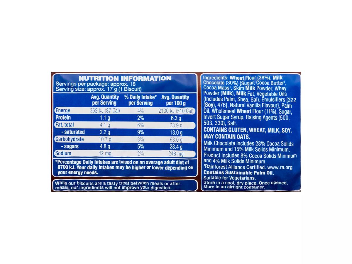 Pack photograph of BELMONT BISCUIT CO. Milk Chocolate Digestives 300g showing the printed nutrition panel