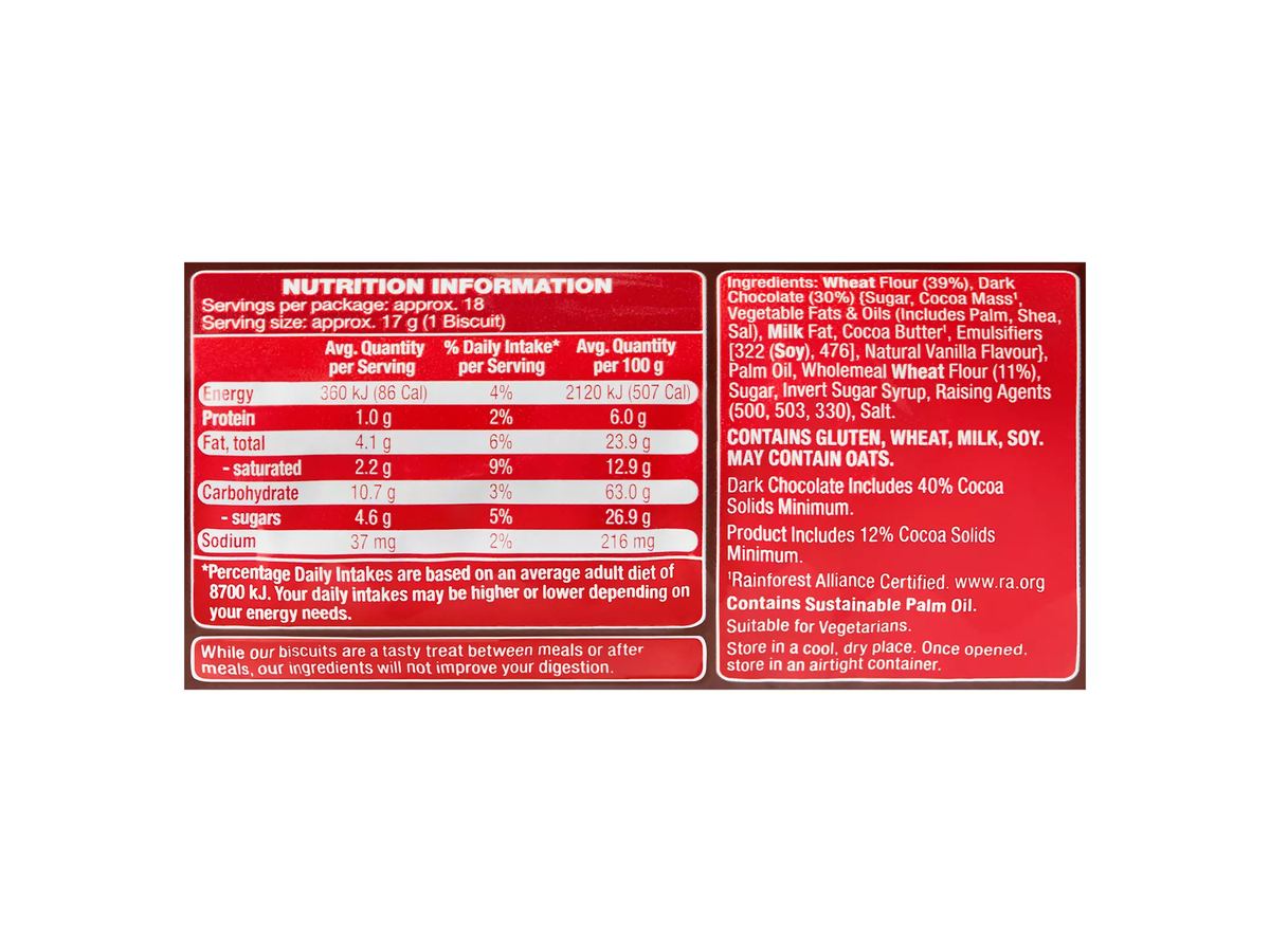 Pack photograph of BELMONT BISCUIT CO. Dark Chocolate Digestives 300g showing the printed nutrition panel